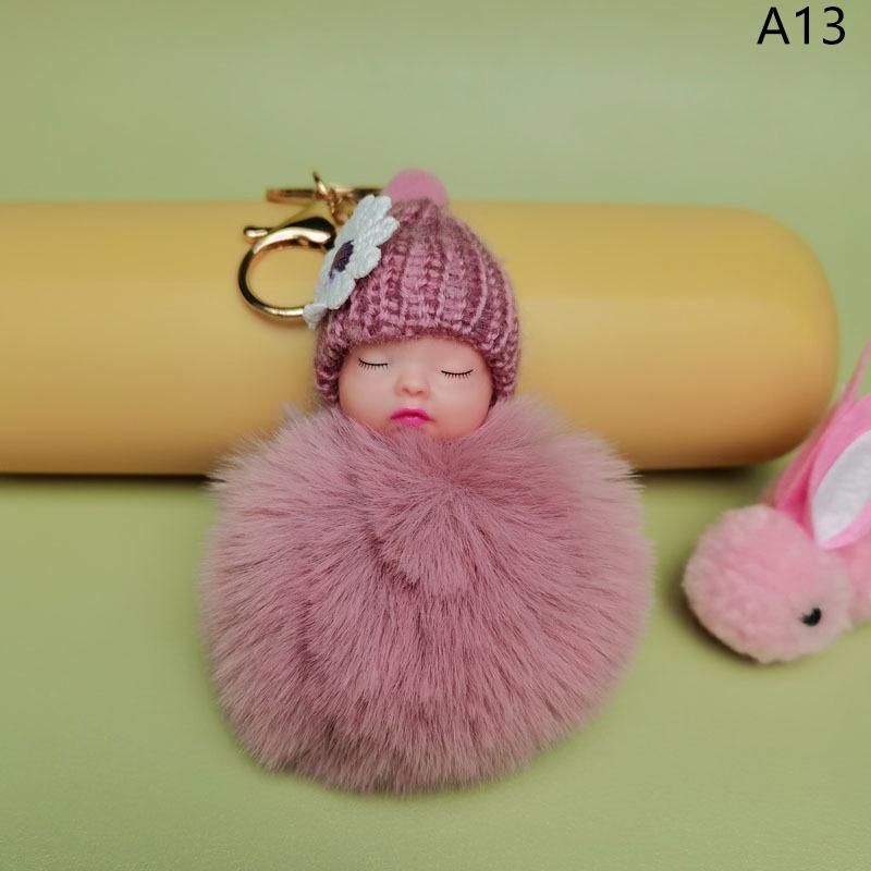Pompom Sleeping Baby Keychain Cute Fluffy Plush Doll Keychains Women Girl Bag Keyrings Cars Key Ring Jewelry