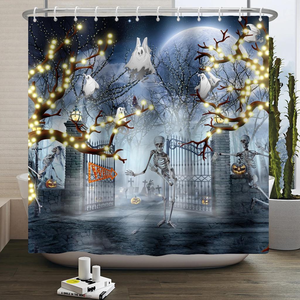 Хэллоуин Занавеска для душа Ужас Лунная ночь Тыква Череп Скелет Страшный Замок Ведьма Призрак Кладбище Водонепроницаемые Занавески для ванной