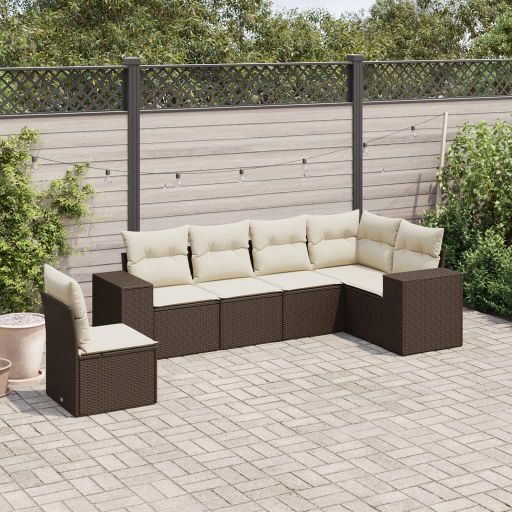 6 Piece Garden Sofa Set with Cushions Brown Poly Rattan