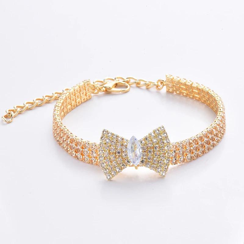 Sparkling Rhinestone Pet Dog Cat Collar with Bowknot Charm, Adjustable Crystal Puppy Kitten Necklace for Small Medium Dogs