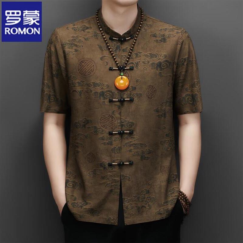 ROMON Men's Chinese Tang Suit Short Sleeve Shirt