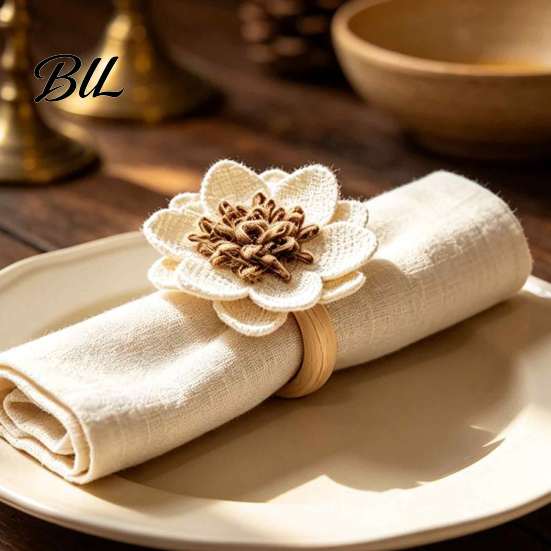 Table Setting Decoration Sets 6Pcs Linen Flower Napkin Rings, Wooden Ring Rustic Holders, Farmhouse Style Rings for Wedding Bridal Shower Dining Decor