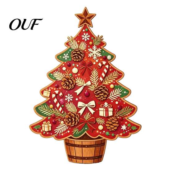 Desktop Christmas Tree Decor Wooden Ornaments, Vintage Colorful Decoration, Rustic Holiday Wood Figurines Home Accents with Pine Cones Bows