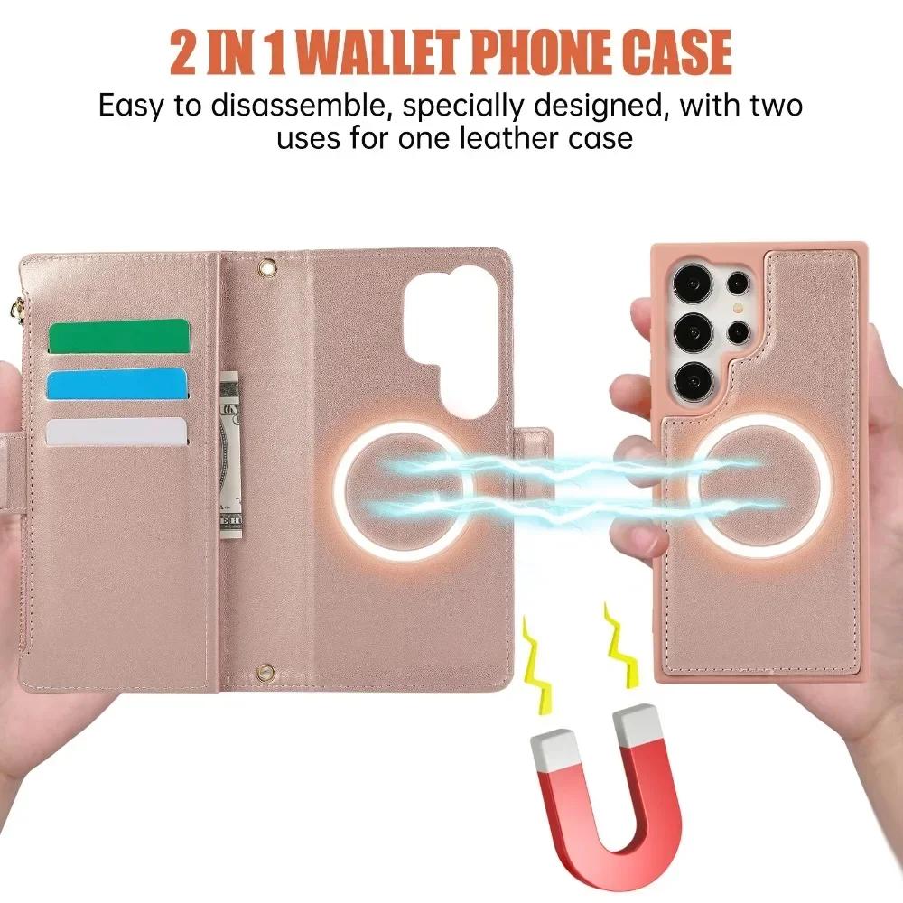 2 in 1 Detachable Wallet Card Holder Phone Case for Samsung Galaxy S24 Ultra S23 FE S22 Plus A55 A15 Crossbody Wrist Strap