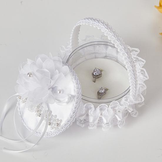 Белая кружевная коробочка для колец, держатель для свадебных колец с ручкой, кольцо с лентой и цветком
