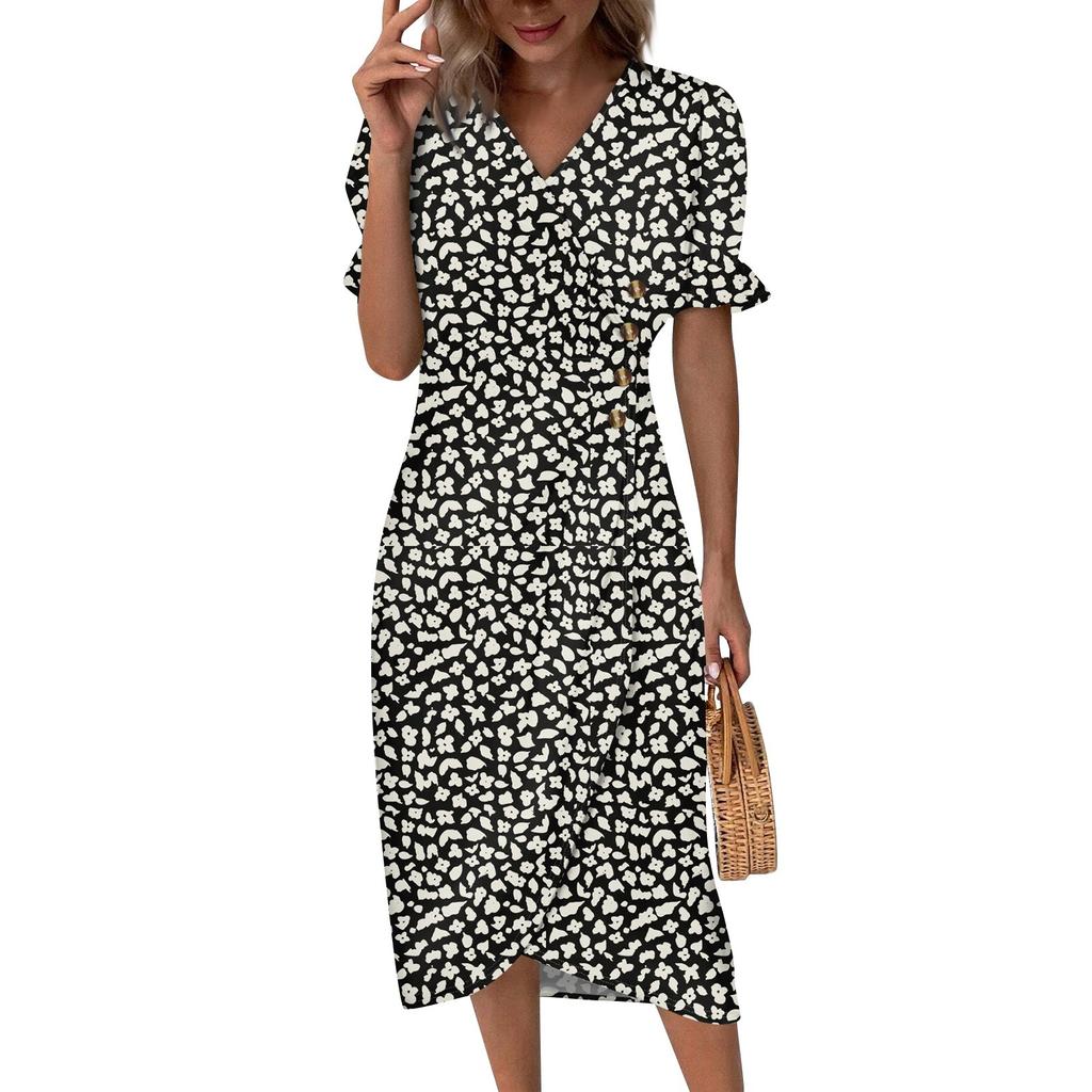 Women's Summer Casual Dress V Neck A-line Boho Ditsy Floral Flounce Sleeve Wrap Hem Dress