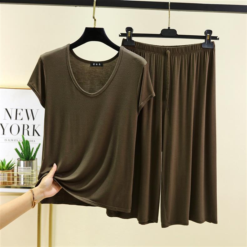 Женский повседневный комплект из двух предметов: Модальная футболка с U-образным вырезом и брюки с высокой посадкой, завязкой на талии и широкими штанинами