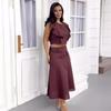 2024 Европейский и американский летний кроп-топ с рукавами-рюшами и комплект юбки миди с высокой талией