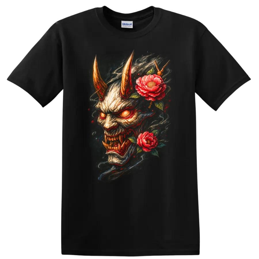 Japanese Demon Skull T Shirt with Roses and Fiery Design Graphic Tee