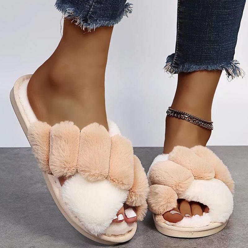 Модные тапочки из меха смешанных цветов для женщин Осень Зима 2025 Мягкая подошва Длинный плюш Для дома и улицы Шлепанцы Женские Пушистые Уютные