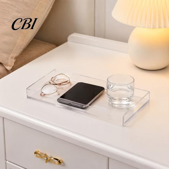 Organizing Tray for Toiletries Clear Acrylic Decorative Tray, Modern Rectangular Vanity Space Stylish Tabletop Organizer Saving Jewelry And