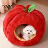 Comfortable Enclosed Pet House Apple-Shaped Cat Cave Bed, Plush Hideaway with Removable Cushion, Warm Shelter Cozy Bed for Small Dogs Cats Autumn