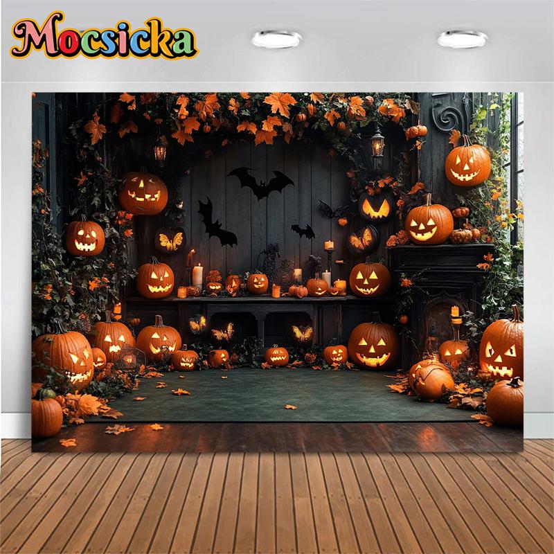 Mocsicka Хэллоуин Фон для Фотографии Ужасная Тыква Вечеринка Фон Летучая Мышь Цветок Тыква-Фонарь Домашние Украшения Баннер