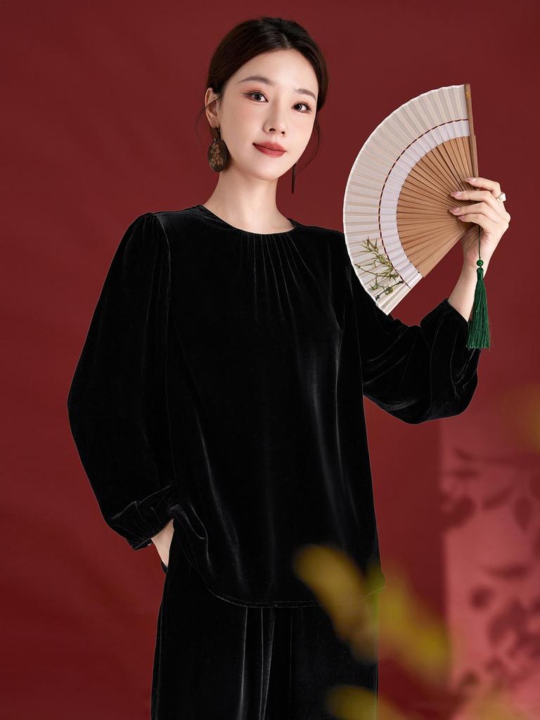 Топ кэжуал с длинным рукавом из жаккардового бархата из шелка тутового шелкопряда класса 6А с принтом тушью - Роскошь для осени/зимы