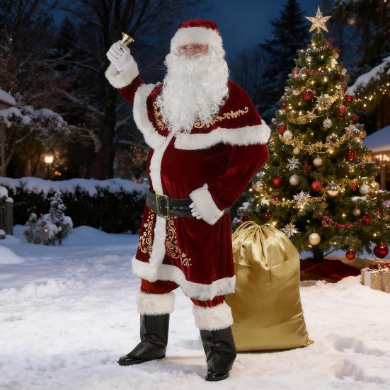 Костюм Санта-Клауса Бархатный Взрослый Костюм Традиционный Красный Бархатный Ансамбль Санты Полные Аксессуары Одежда для Выступлений
