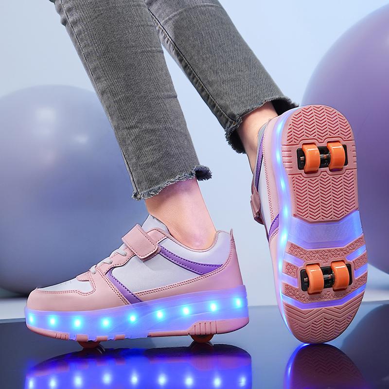 Девочки/дети быстросъемные Четырехколесные Заряжаемые LED Фонарик Обувь Халат Колесо Роликовые Коньки Мальчики Катающиеся Туфли