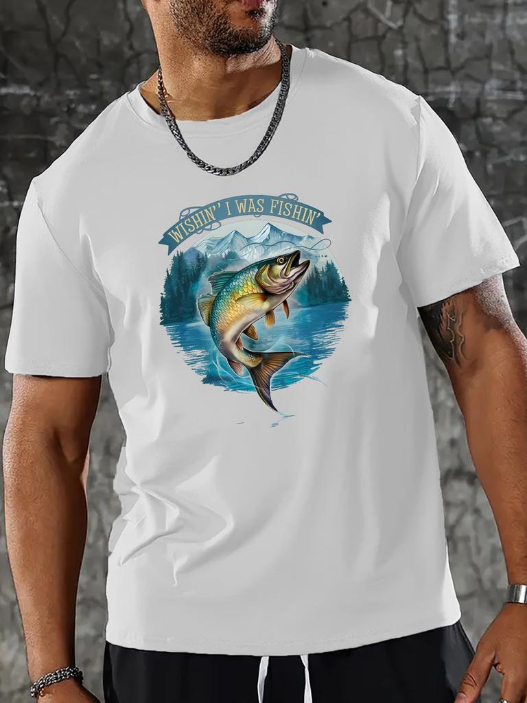 Unisex Crew Neck Fishing Trout Lake Art Print Short Sleeve Cotton Tee Casual Summer Streetwear Loose Basic Daily Outdoor Wear Top