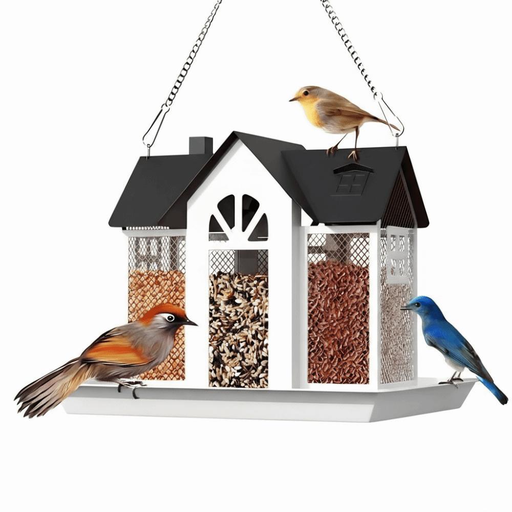 Multi-purpose Metal Hanging Bird Feeder Large Capacity House Shape Hummingbird Feeder Rainproof Wild Bird Feeder Yard Decoration