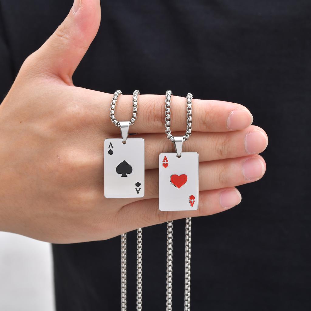 Hip Hop Ace of Spades Poker Card Pendant Necklace for Men Stainless Steel Ace of Hearts Playing Cards Necklace Jewelry Gifts