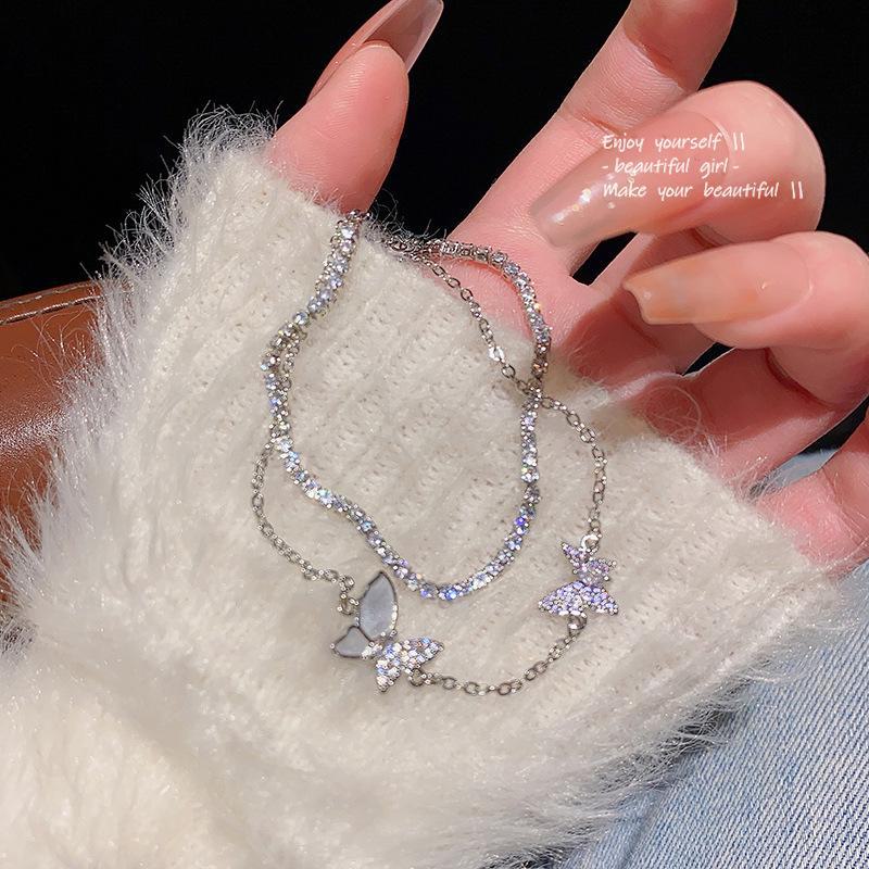 Women's Double Layer Zircon Butterfly Bracelet - Korean Light Luxury Jewelry for Students and Girlfriends