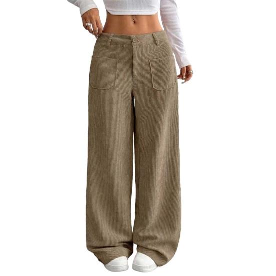 Women Pants Button Zipper Closure Straight Wide Leg Trousers with Pockets Solid Color Loose Fit Lounge Pants Daily