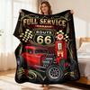 Cozy Throw Blanket Featuring a Vintage Car And Gas Pump Design Inspired by Route 66 In Classic Red