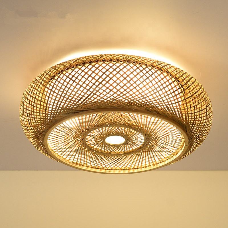 Natural Modern LED Handmade Bamboo Round Ceiling Light Bedroom Living Room Lighting Fixture Bamboo Chandeliers Lamps