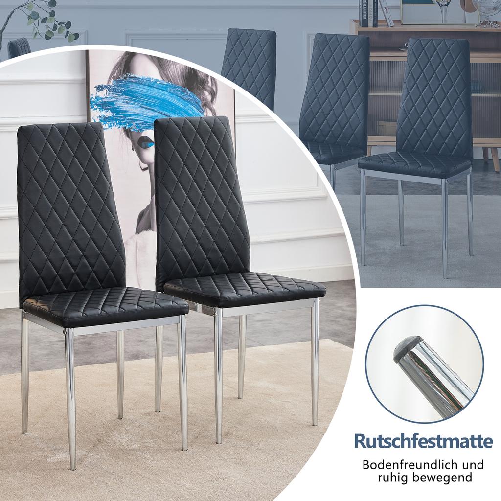 Set of 4 dining chairs, black, diamond pattern PU leather, metal legs, modern chair for kitchen, living room, café & home office