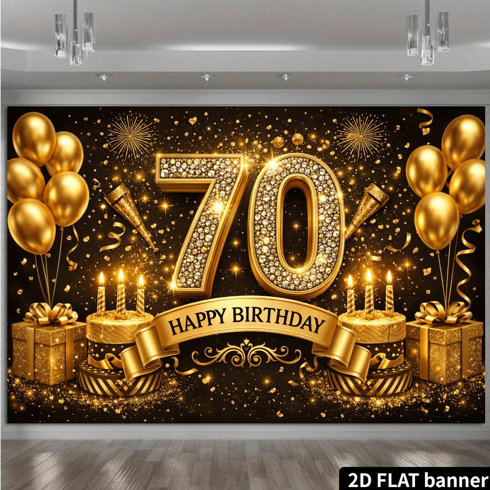 2D flat background banner for 70th birthday party decorated with golden "70" and "Happy Birthday"zyc