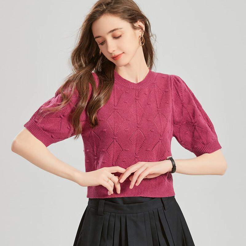 Snowforte Women's Wool-Blend Diamond Pattern Puff Sleeve Knit Top