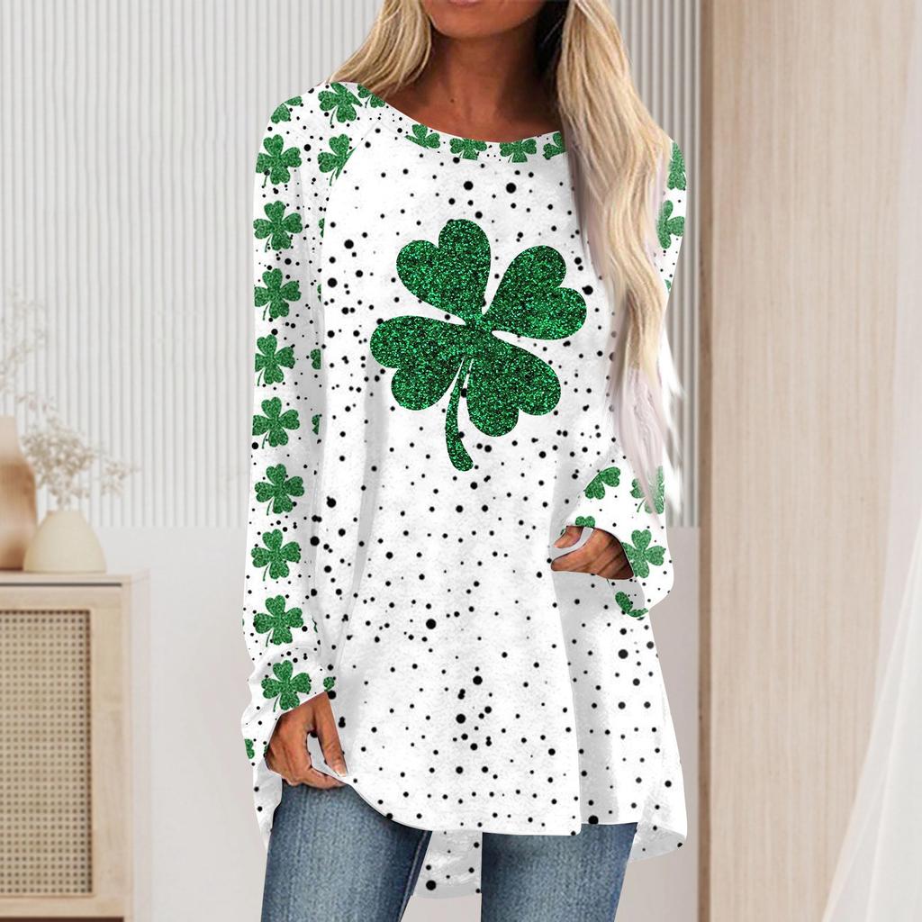 Fashionable Women's Casual Loose Round Neck Long Sleeved Saint Patrick Printed T-shirt Top
