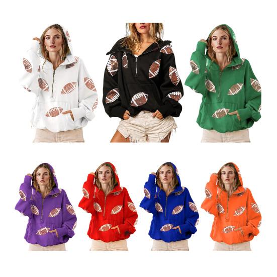 Женская толстовка с капюшоном, худи оверсайз на молнии до середины, с принтом регби с пайетками, осенний повседневный пуловер с карманами