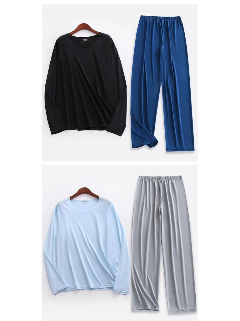 Liquid Ice Silk Ultra-Thin Men's Pajama Set - Spring/Summer Long Sleeve Top & 9/9 Length Pants, High Elastic Home Wear