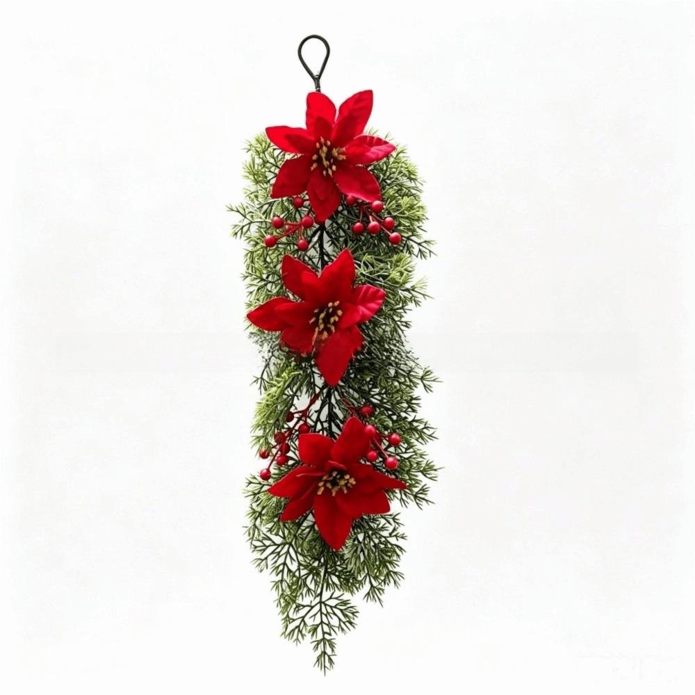 Wall-Mounted Christmas Hanging Vine Hanging Faux Flower Artificial Pine Branch Red Berries Poinsettia Flower Home Party