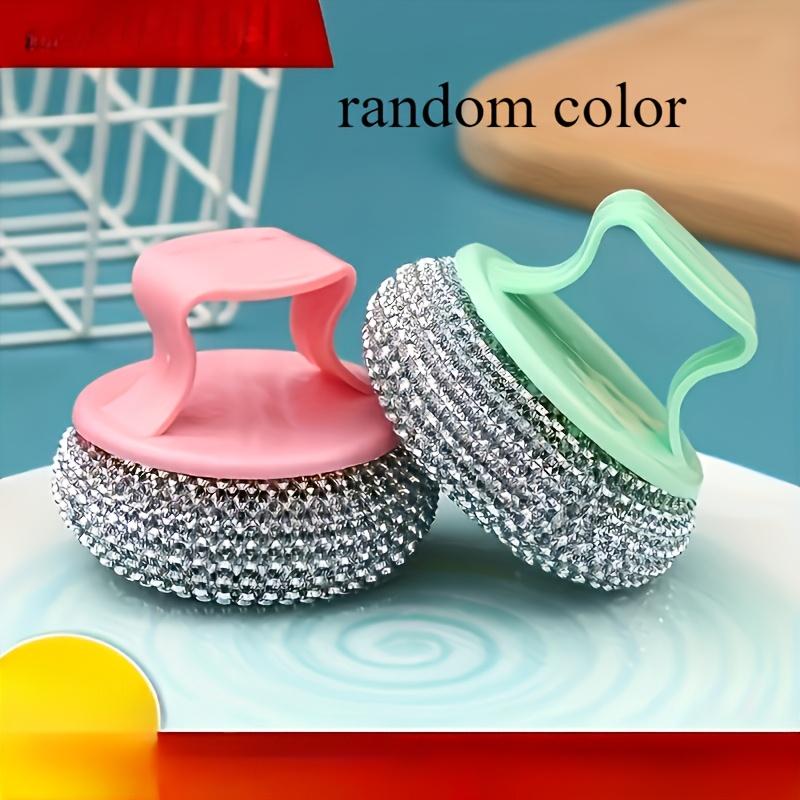 2 Pcs Stainless Steel Sponge Handle Scrub Brush with Detachable Nano Wire Stain Removal Ball for Kitchen Home Cleaning Random Color