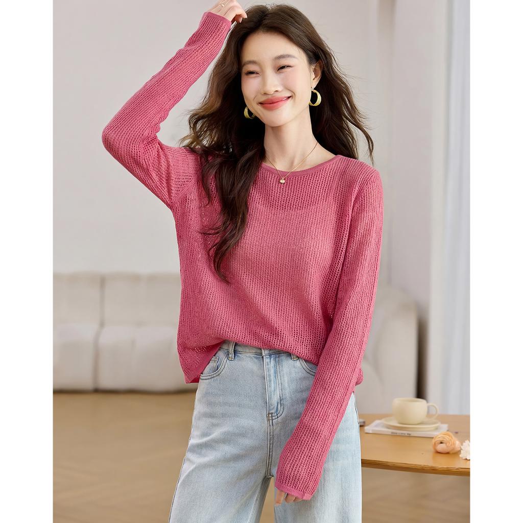 26 year new summer outfit hollowed out round neck knitted long sleeved sunshade sweater top simple and high-end women's knitted sweater