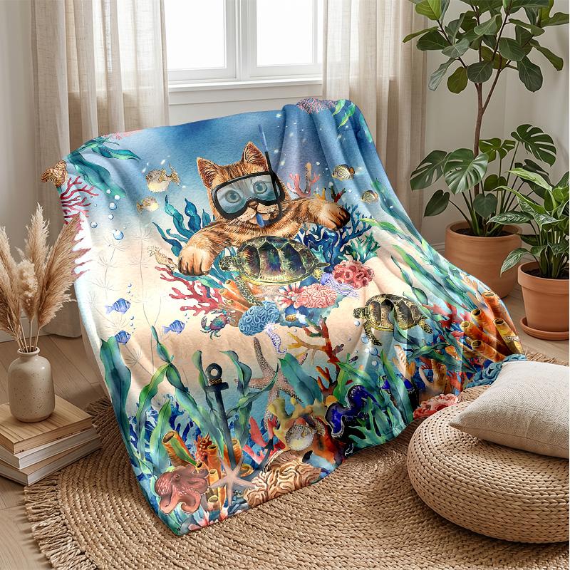 Underwater Cat Adventure 6 Theme blanket Lightweight Warm Flannel Blanket Decorative Throw Blanket for Home Decoration