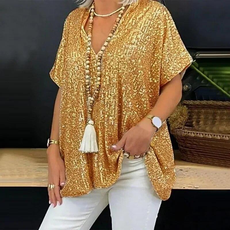 Fashion Sequins V-neck Women Blouse Solid Color Mid Length Shirt Summer Short Sleeve Blouse Women Tops Casual Loose Clothes 30468