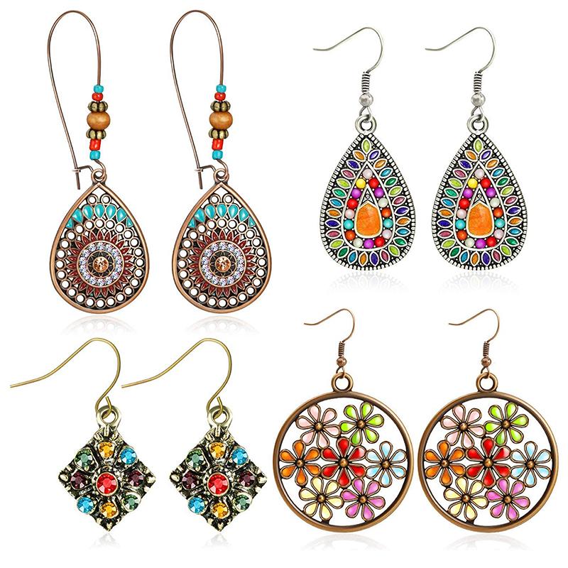 Vintage Bohemian Drop Dangle Earrings For Women Long Crystal Flower Hollow Geometric Enamel Ethnic Boho Wedding Earrings Jewelry