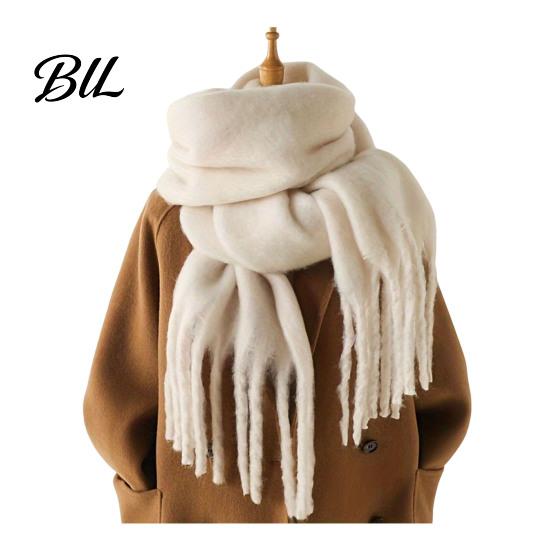 Thermal Cold Weather Scarf Thickened Imitation Rabbit Velvet with Tassels for Women, Solid Color Stylish Long Draped Neck Wrap, Warm Winter
