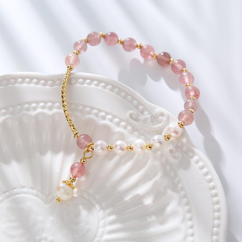 Strawberry Crystal Natural Freshwater Pearl Bracelet Bangles Women Fashion Jewelry Accessories Gift