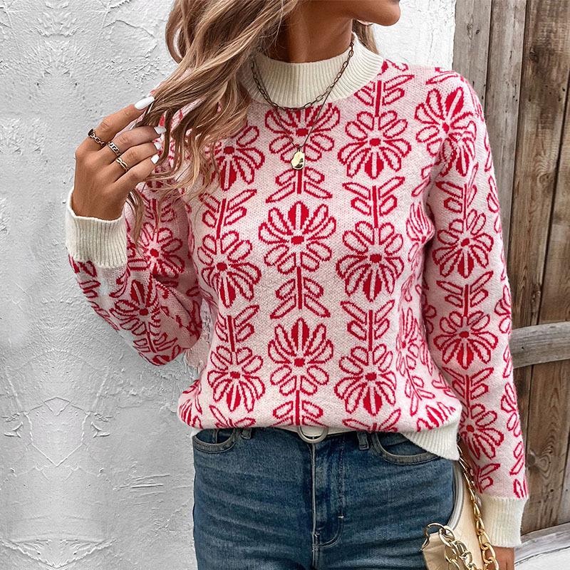 Half High Neck Knit Autumn Winter Floral Jacquard Pink Sweater