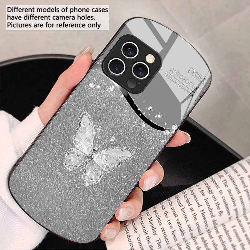 Gradient Diamond Butterfly For IPhone 16 Pro Max 16e 15 Pro 14 13 12 Mini 11 XS Max XR 7 8 Plu SE 22 Elliptical glass phone case