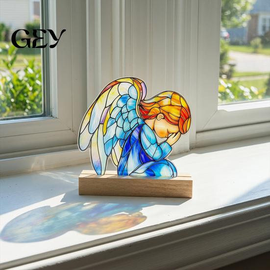 Nature Inspired Desktop Ornament Decoration Ornaments with Solid Wood Base, Acrylic Stained Scratch-resistant Decor Glass Style Double Sided