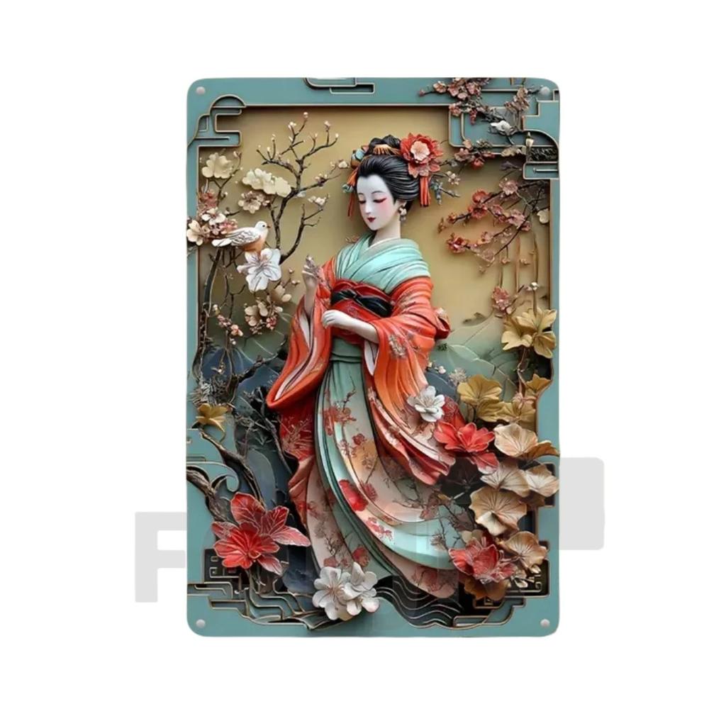 Японская гейша кимоно металлический знак, 2D элегантный японский постер с цветущей вишней, для дома, комнаты, офиса, идзакая, кафе, студии настенный декор