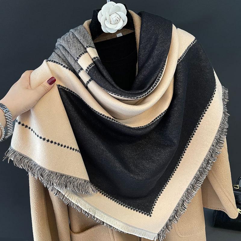Autumn and Winter New Geometric Jacquard Square Scarf Women's Double-sided Imitation Cashmere Large Shawl Light Luxury High Sense Thickened Warm Scarf