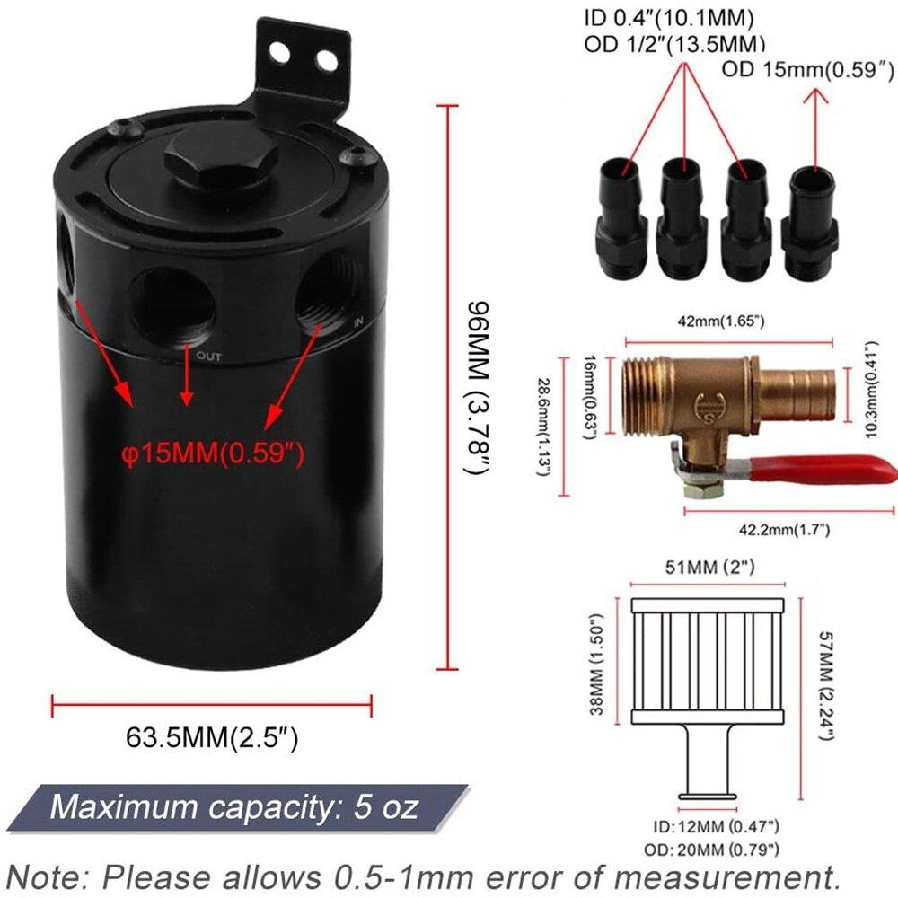 3 Port Oil Catch Can Kit 1 Oulet + 2 Intlet Compact Baffled Engine Oil Fuel Reservoir Tank with Breather Filter and Drain Valve