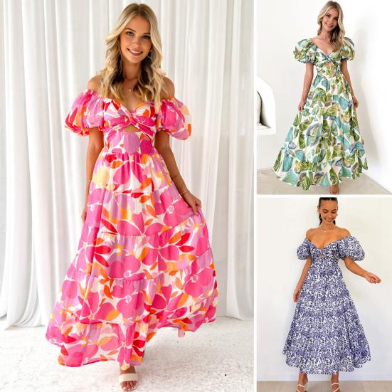 Women Evening Dress Bubble Sleeves Low-cut Off Shoulder Colorful Print A-line Big Hem Patchwork Hollow Out Pleated