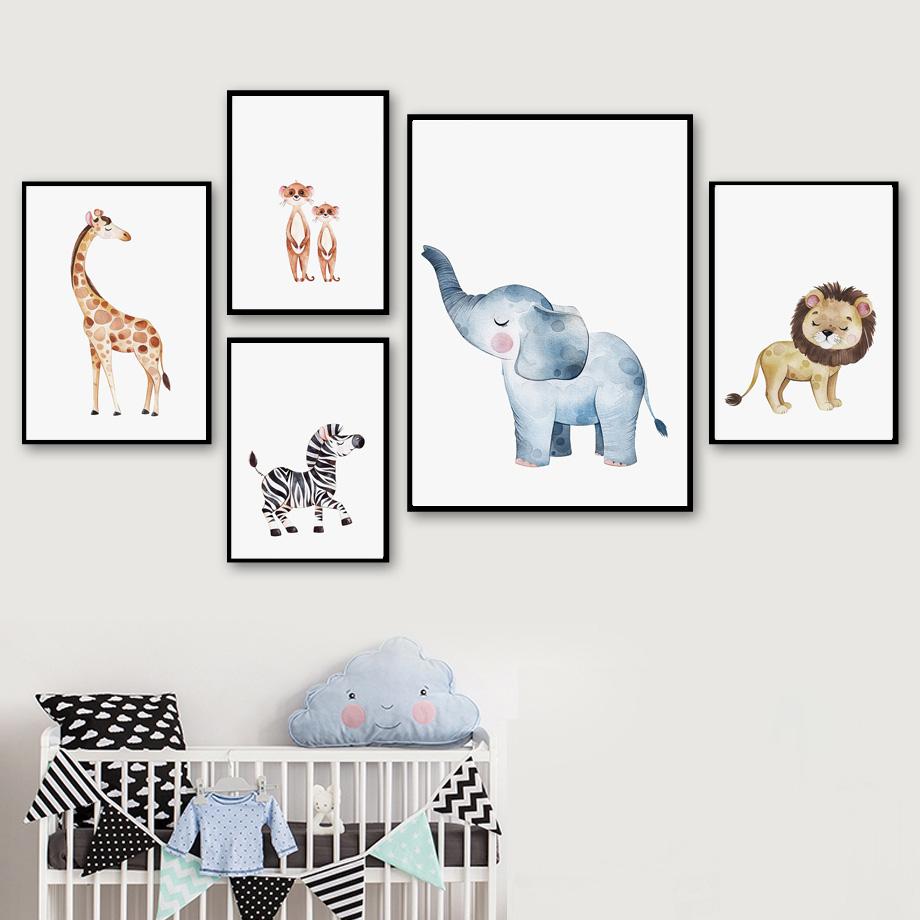 Слон, Жираф, Лев, Зебра, Бегемот, Сурикат, детские постеры и принт, мультяшная настенная живопись на холсте, детская комната, домашний декор