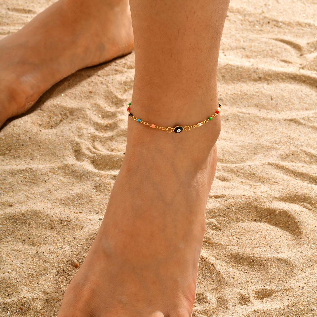 Vnox Vintage Evil Eye Anklets For Women,Religious Metal Enamel Beads Chain Bracelets Ankle Chain, Adjustable Steel Foot Jewelry
